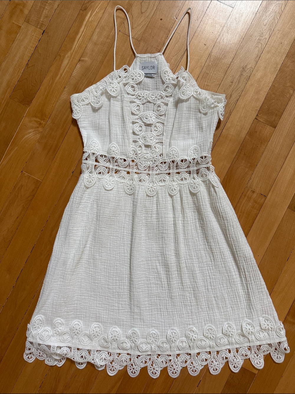 SAYLOR White Lace-Trim Spaghetti Strap Peek-a-boo Gauze Dress Small